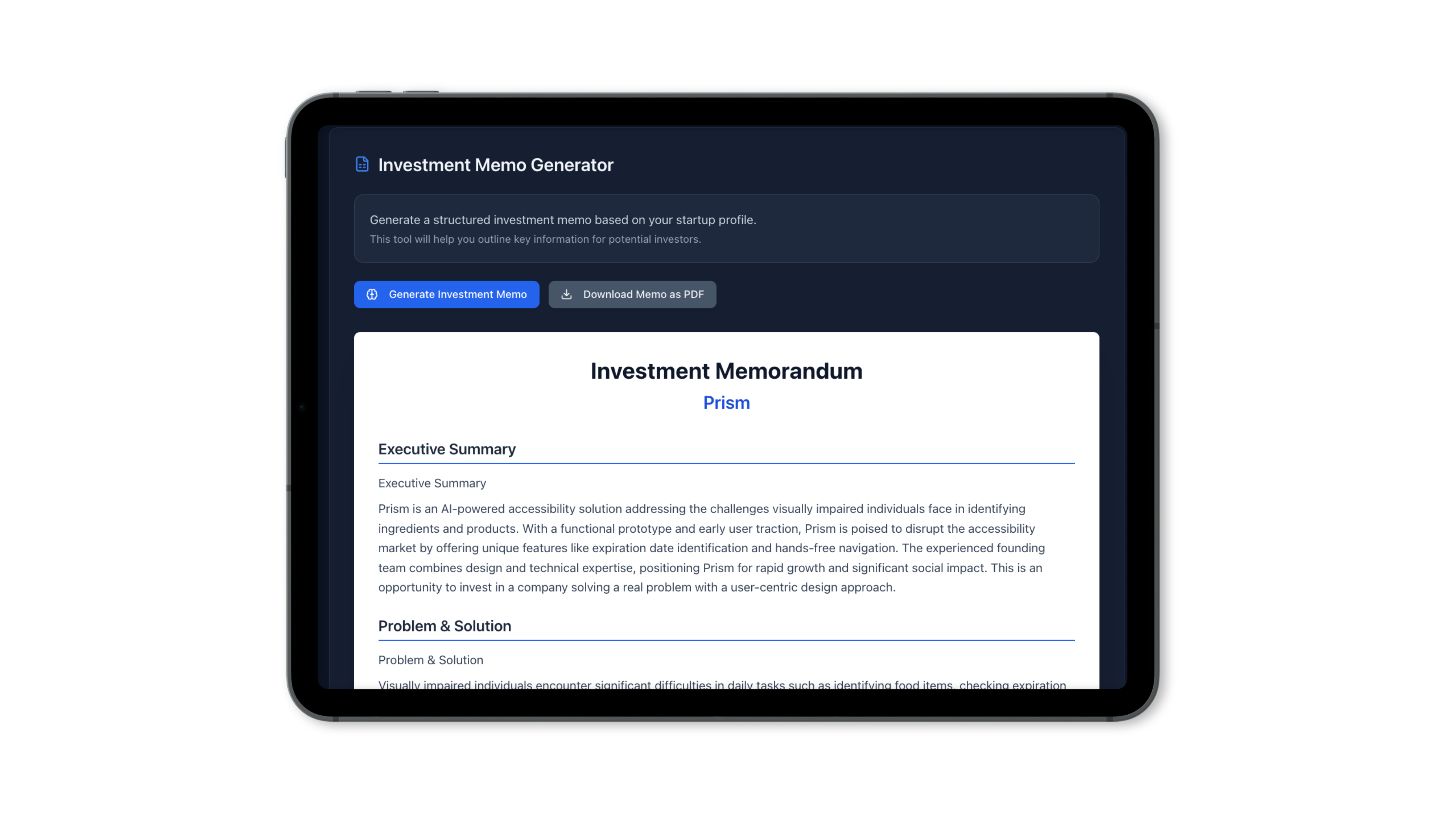 Representation of an investment memo