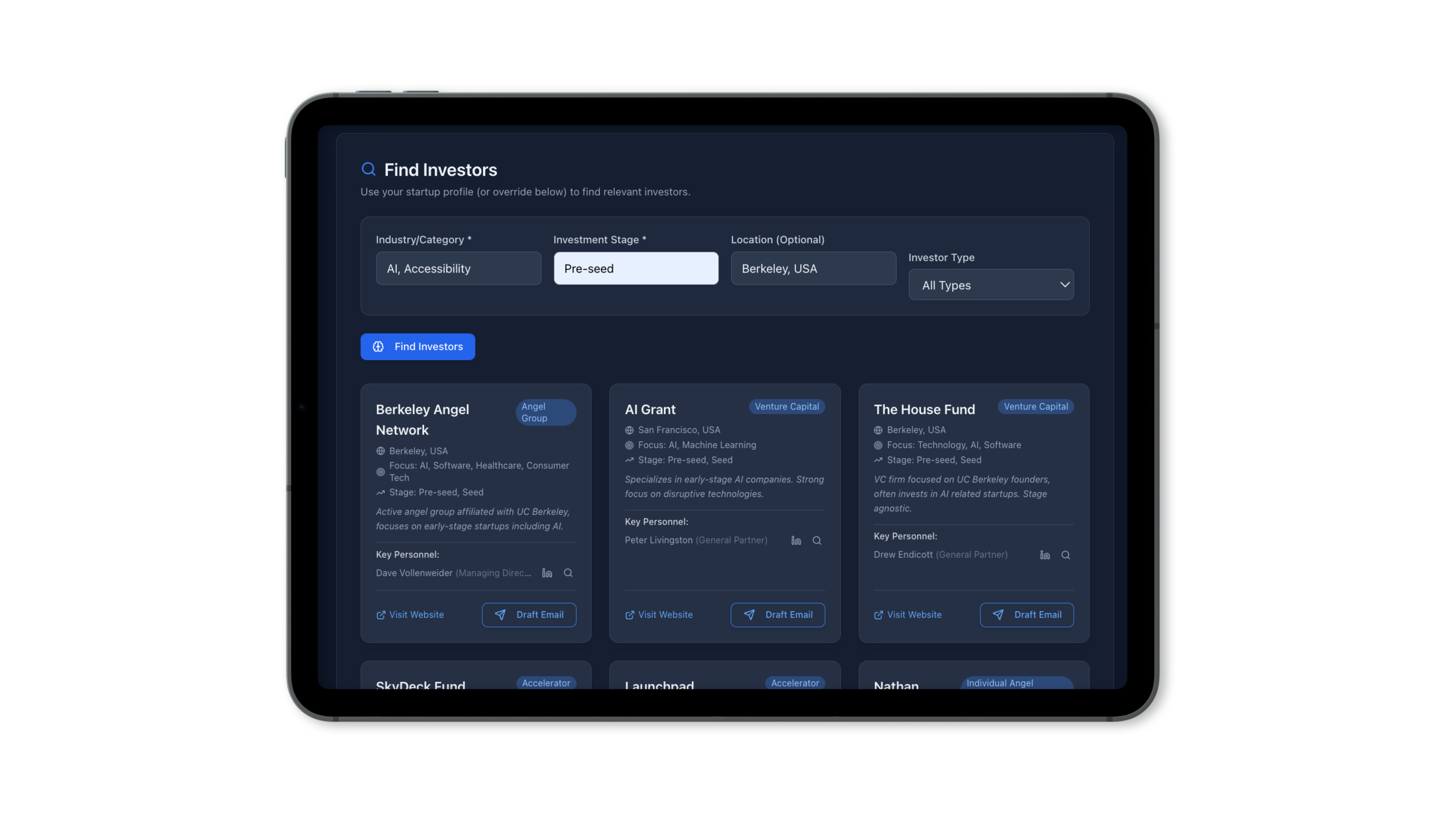 Screenshot of Invesho's investor matching interface
